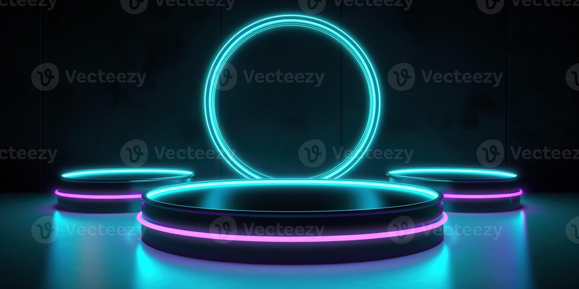 , Sci-Fi Futuristic neon glowing banner with podium. Abstract cyberpunk background for promotion goods. Mockup template photo