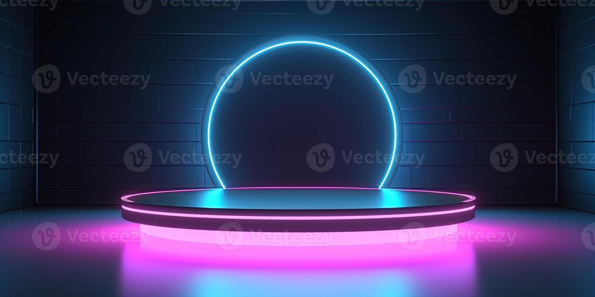 , Sci-Fi Futuristic neon glowing banner with podium. Abstract cyberpunk background for promotion goods. Mockup template photo