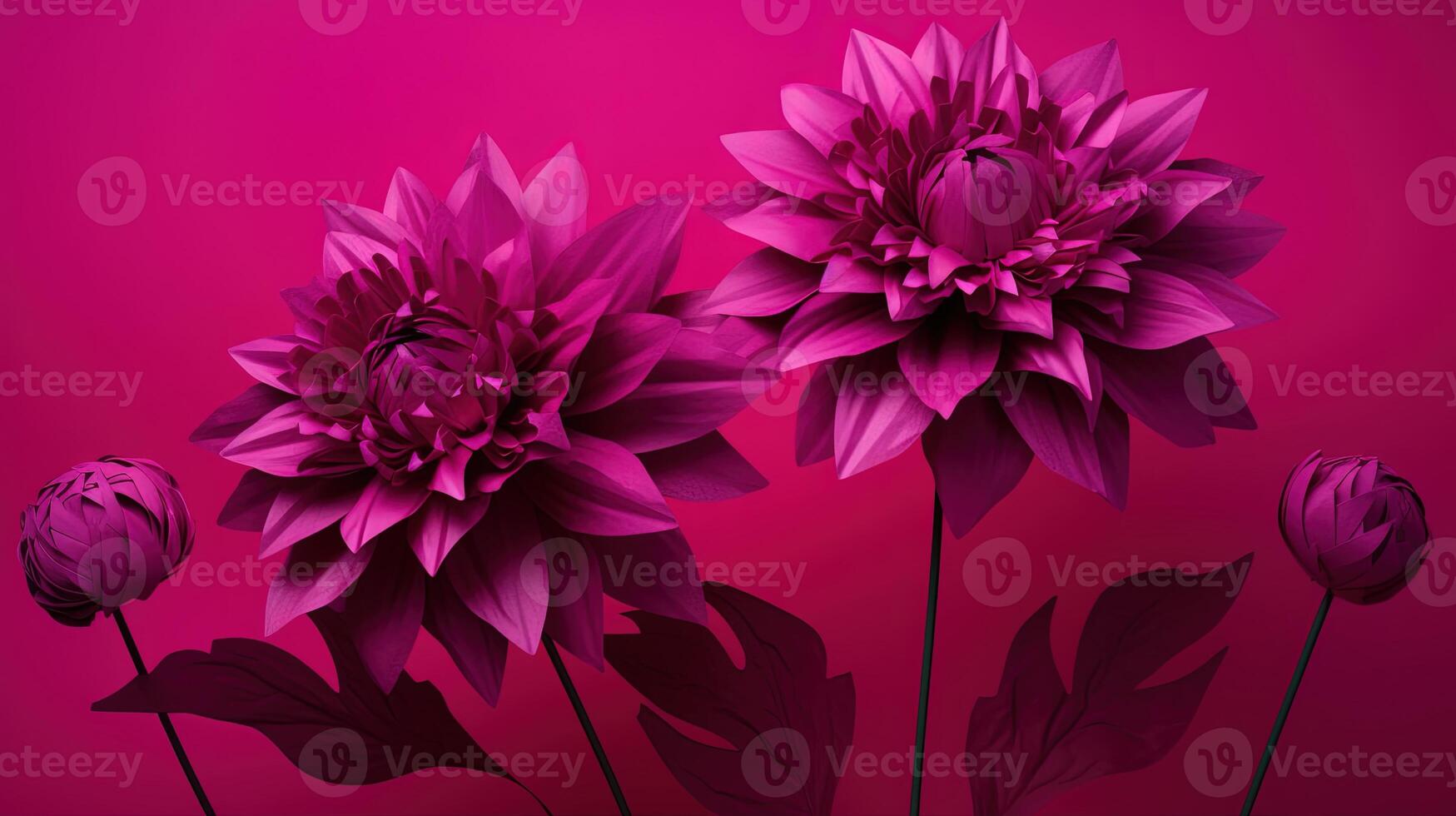 , Paper cut craft flowers and leaves, viva magenta color, floral origami textured background, spring mood. Photorealistic effect. photo