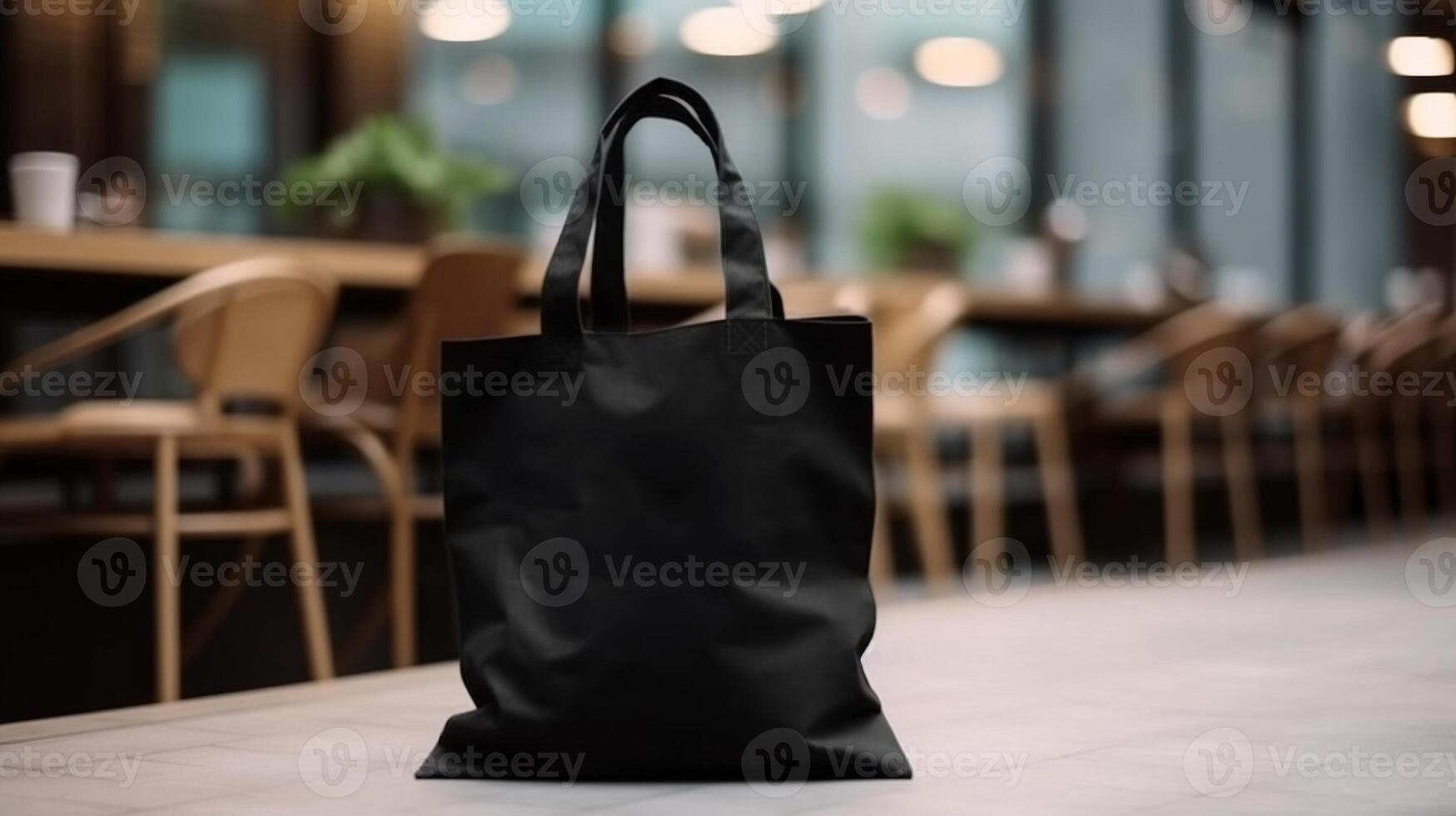 , Realistic black tote canvas fabric bag set-up in at interior or outdoor, shopper mock up blank. photo