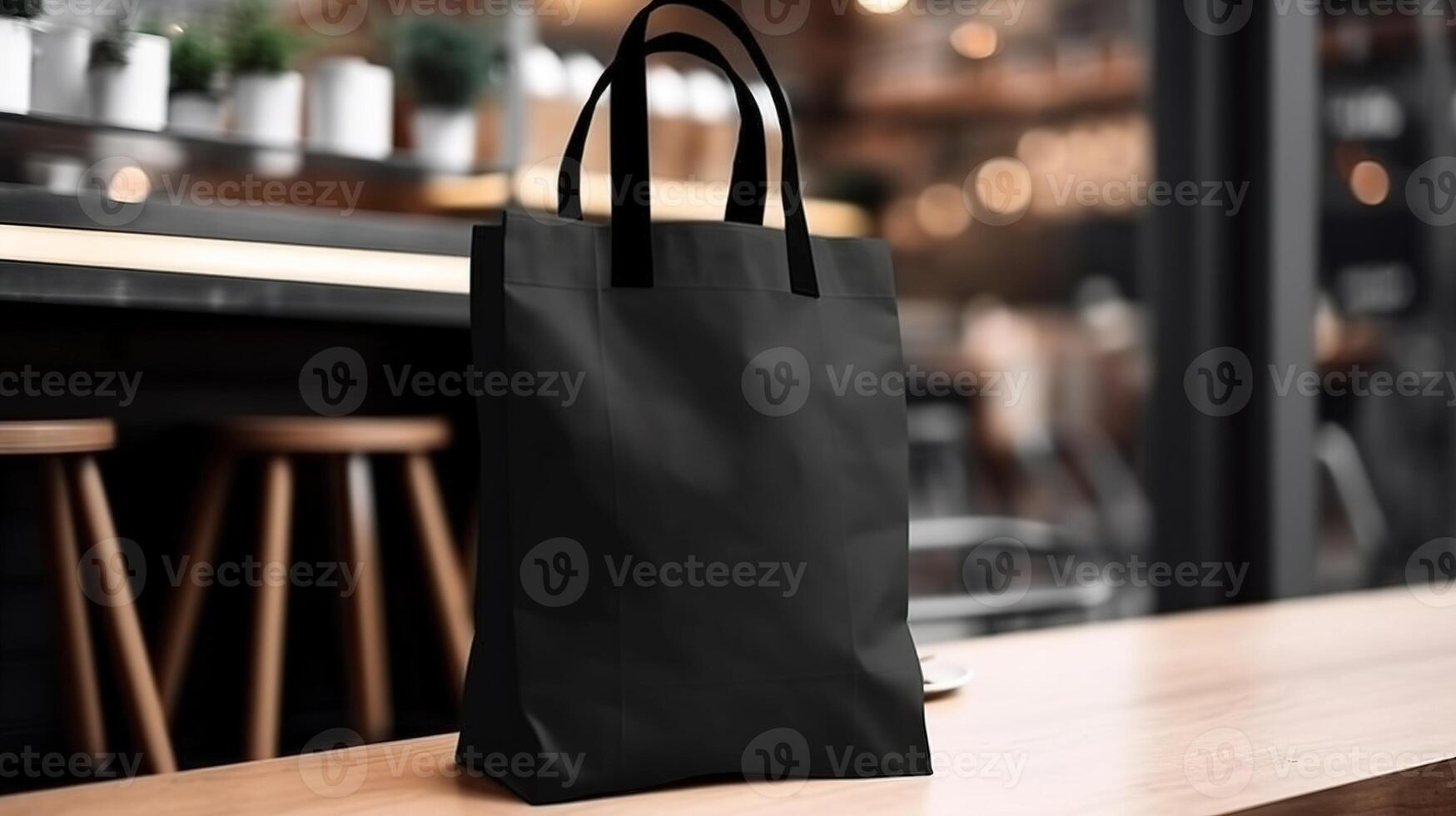 , Realistic black tote canvas fabric bag set-up in at interior or outdoor, shopper mock up blank. photo