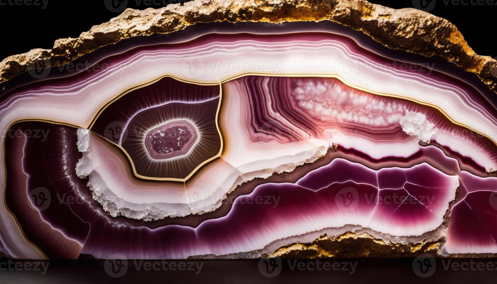 , natural volcanic agate stones close-up light pink magenta and golden texture. Wallpaper background, quartz marble, decorative rock pattern photo