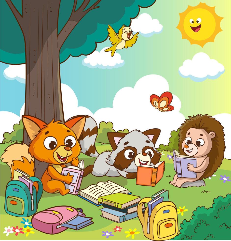 cute animals reading under the tree cartoon vector