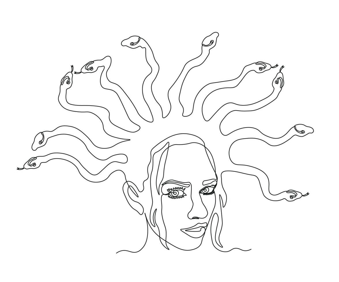 abstract Gorgon medusa Head with Snakes on its Head Continuous One Line Drawing vector