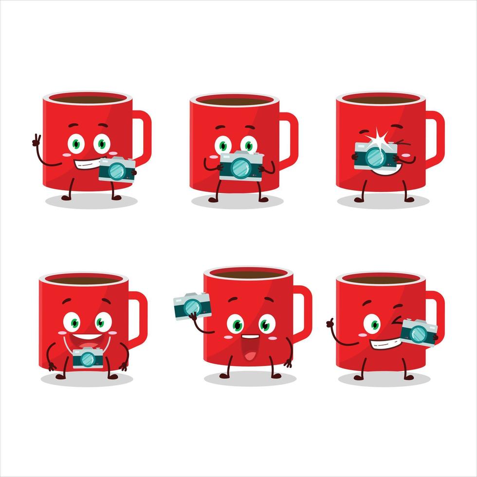 fotógrafo profesión emoticon con vaso de café dibujos animados personaje vector