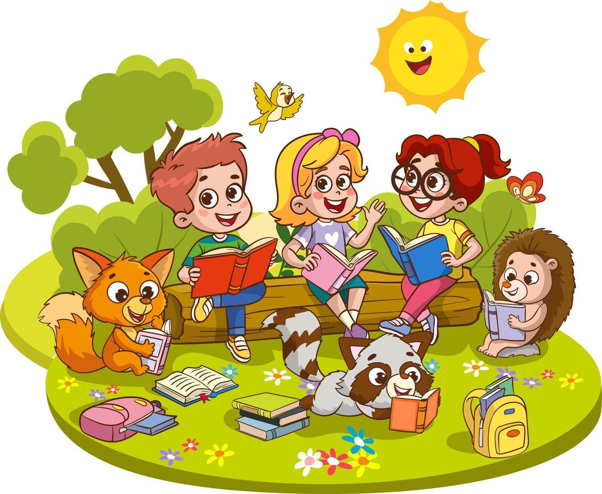 cute kids and animals reading together under the tree cartoon vector