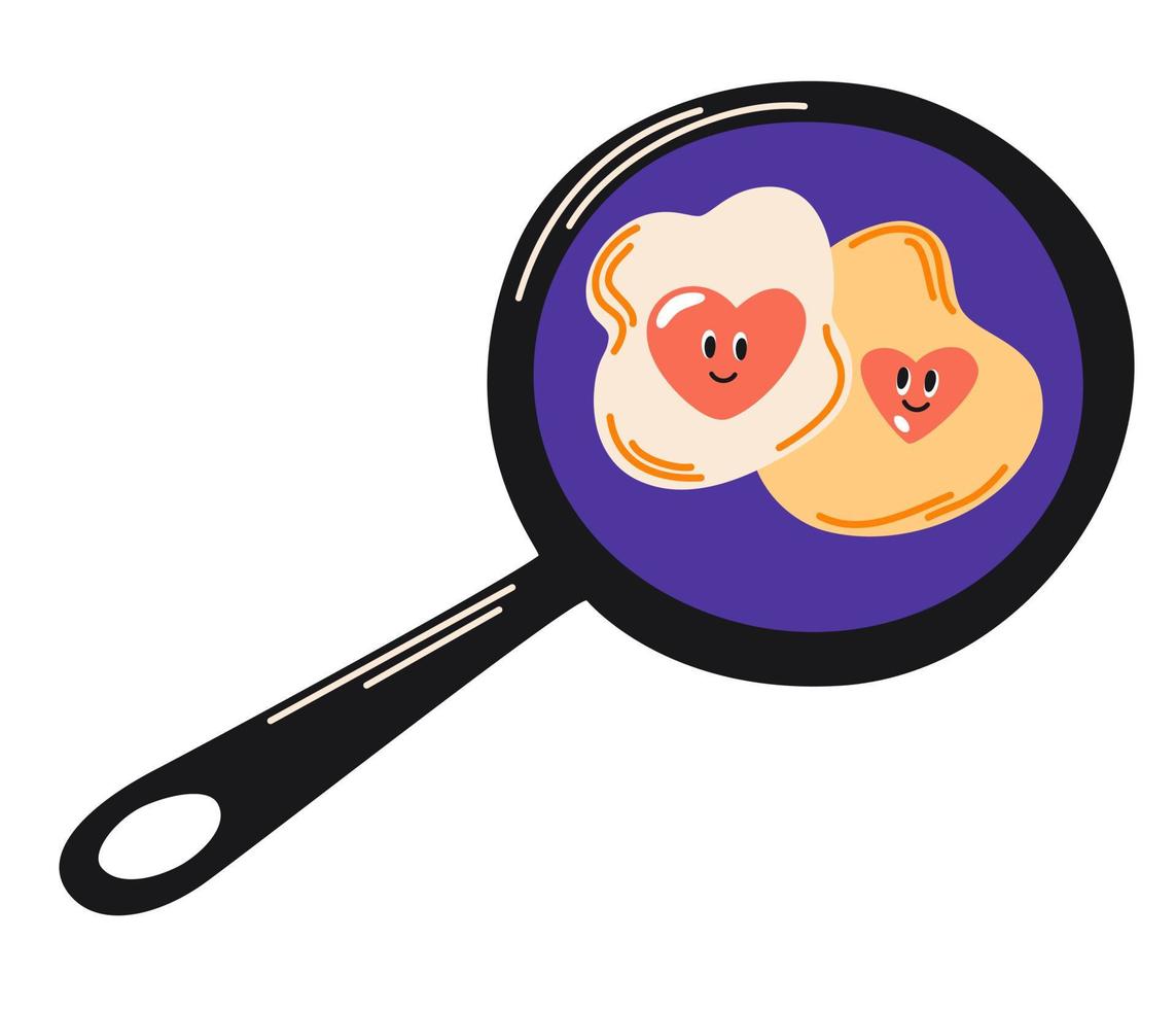 Heart-shaped fried eggs in a frying pan.  Fried egg in the shape of a heart Valentine Day lovers breakfast. Cooking an egg, family restaurant logo. Preparation of a breakfast with love. Vector