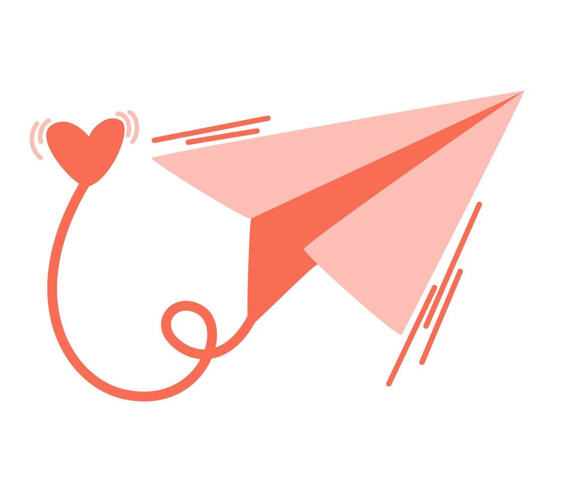 Paper airplane with a heart. Concept of love at a distance, sending a parcel with love, sending a parcel. Romantic valentine day isolated vector illustration