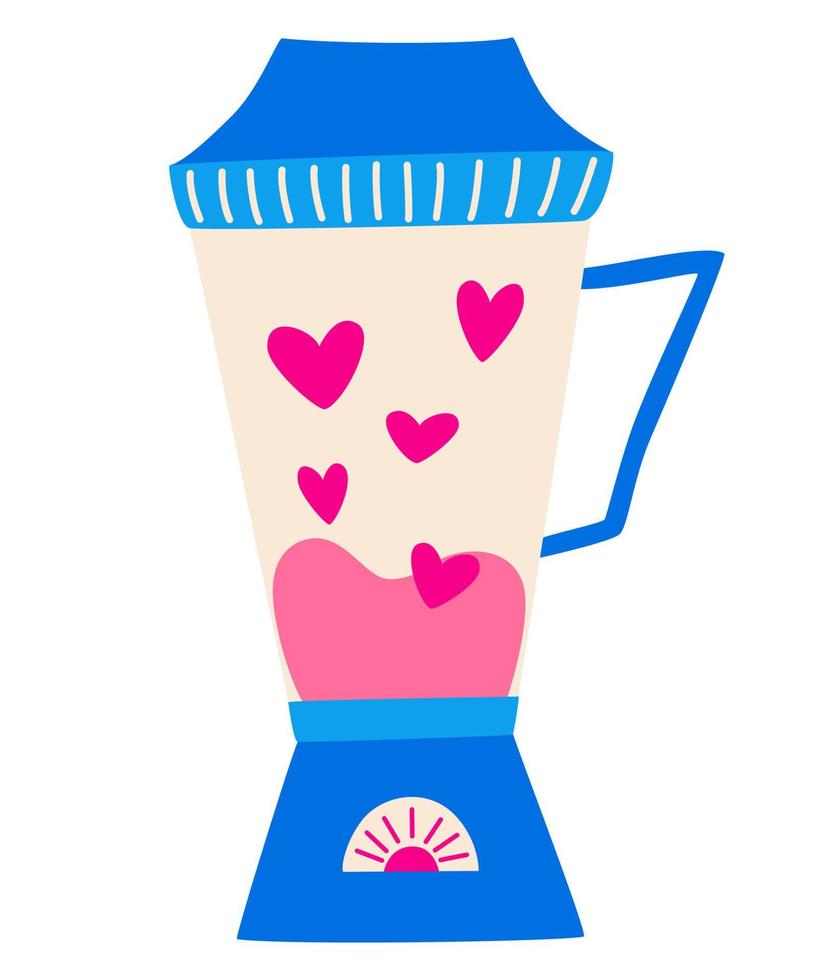 Blender with hearts inside. Greeting card for valentines day. Concept of love, unrequited love, separation, relationship. Vector cartoon illustration isolated on the white background.