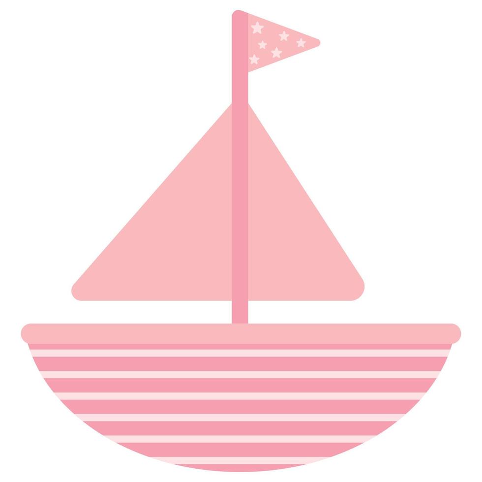 Childish pink boat with sails and flag. Vector flat illustration