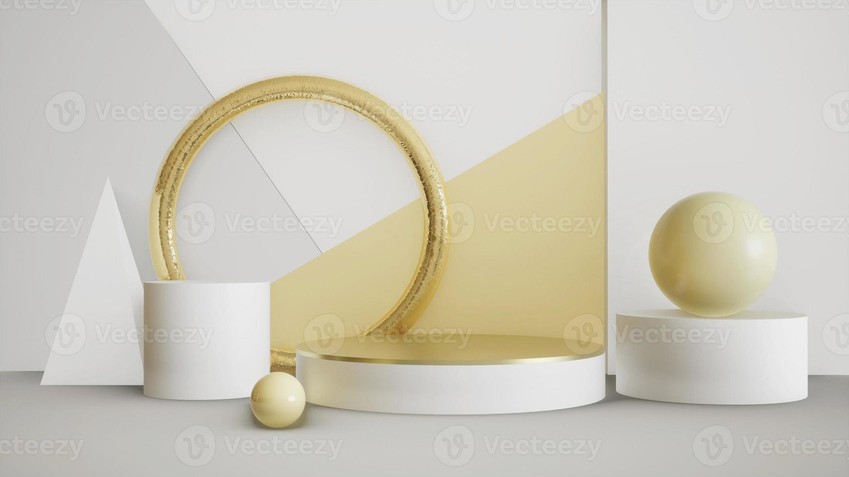 Abstract 3D products display podium showcase for scene with geometric shape. 3d rendering with gold stage to show cosmetic products. Lighting in luxury white and gold studio. photo