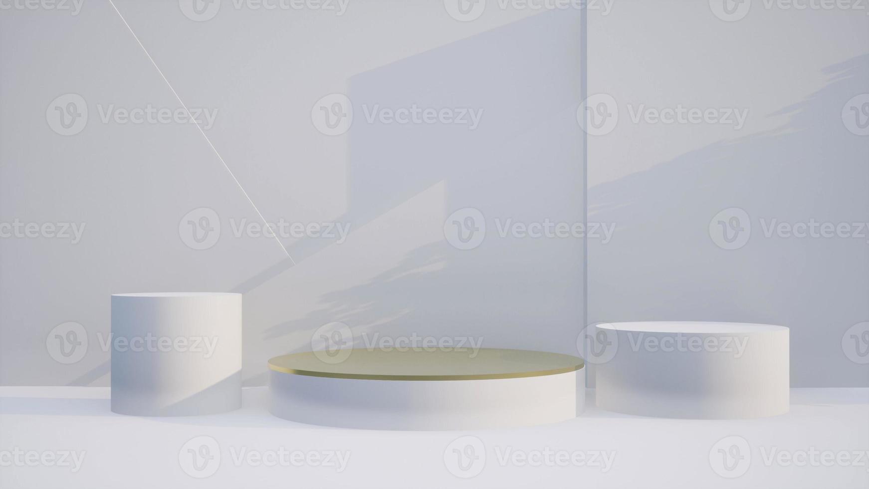 Abstract 3D products display podium showcase for scene with geometric shape. 3d rendering with gold stage to show cosmetic products. Lighting in luxury white studio. photo