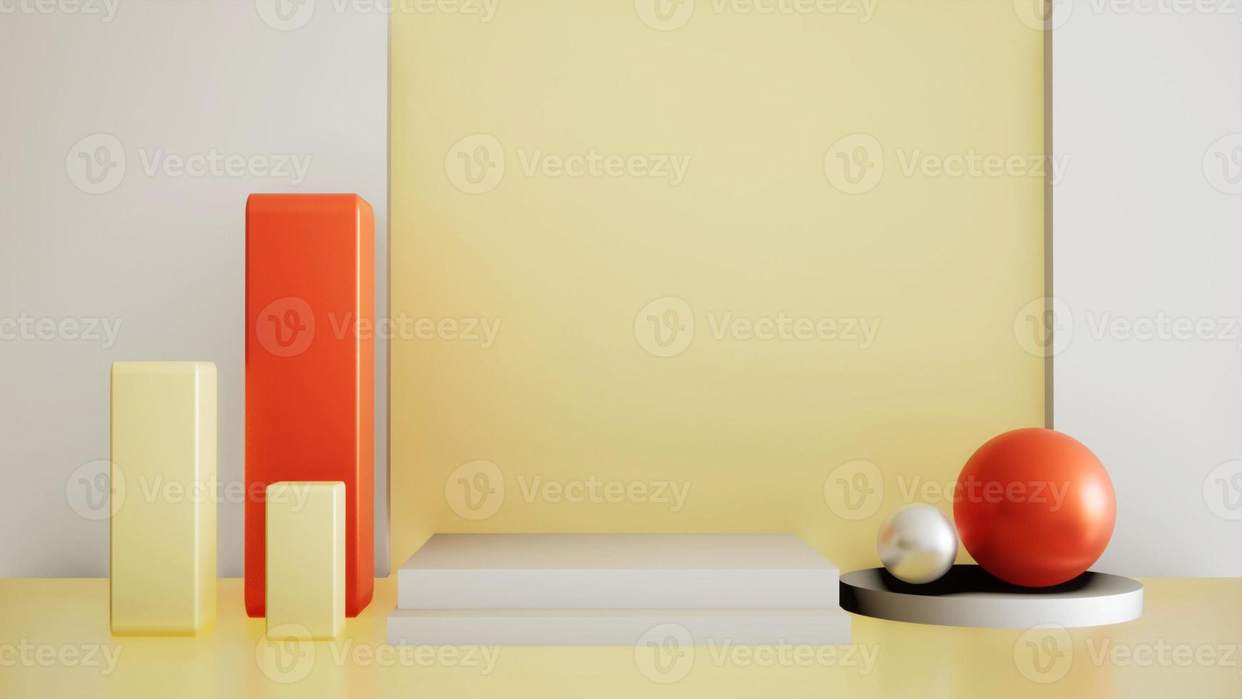 Abstract 3D products display podium showcase for scene with geometric orange shape. 3d rendering with white stage to show cosmetic products. Lighting in luxury gold studio. photo