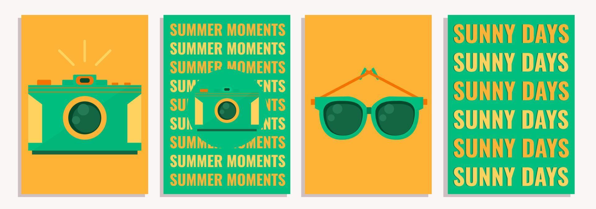 Collection of four summer posters, templates, vector illustrations of summer days in a flat style.