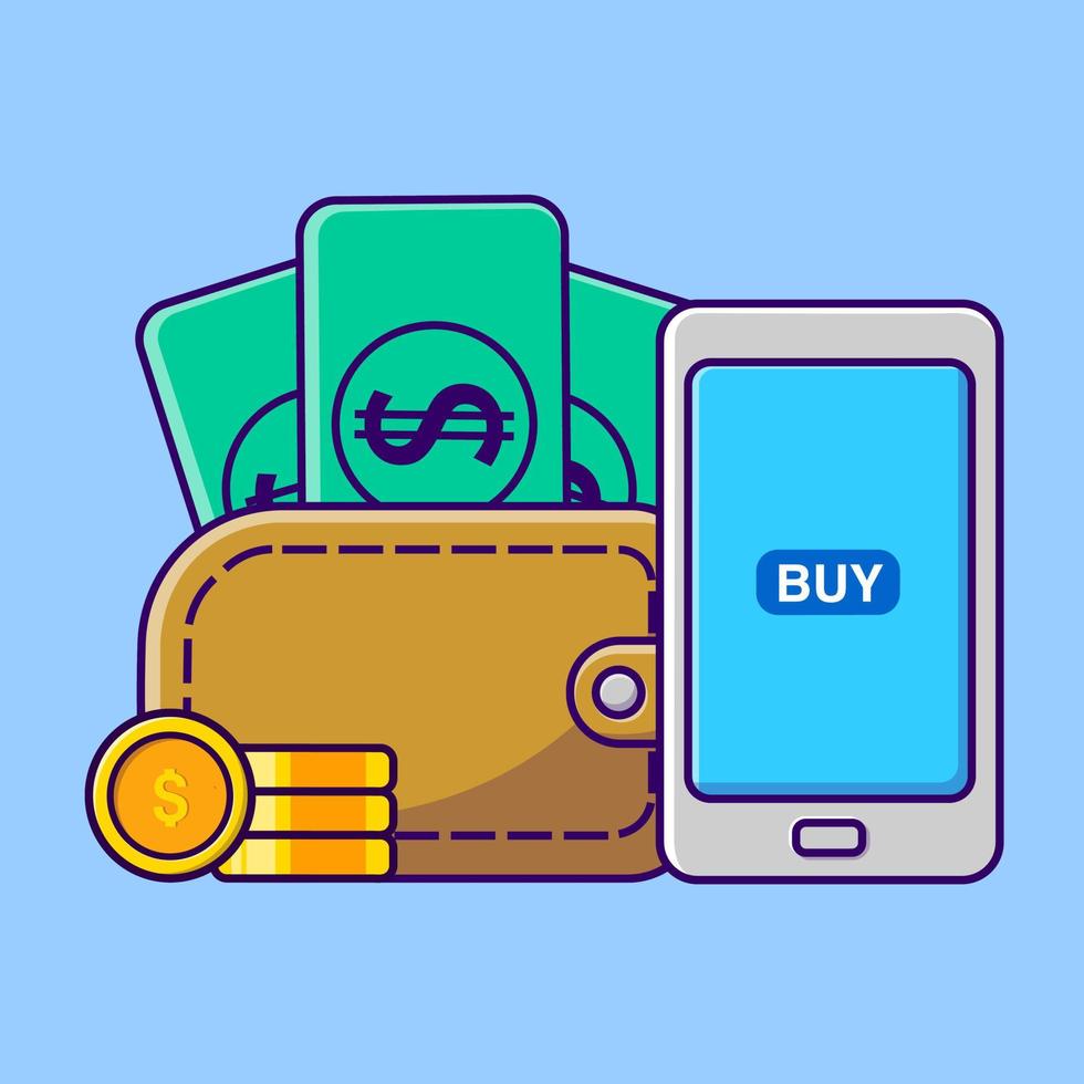 Online Payment With Money Gold And Wallet Cartoon Vector Icons Illustration. Flat Cartoon Concept. Suitable for any creative project.