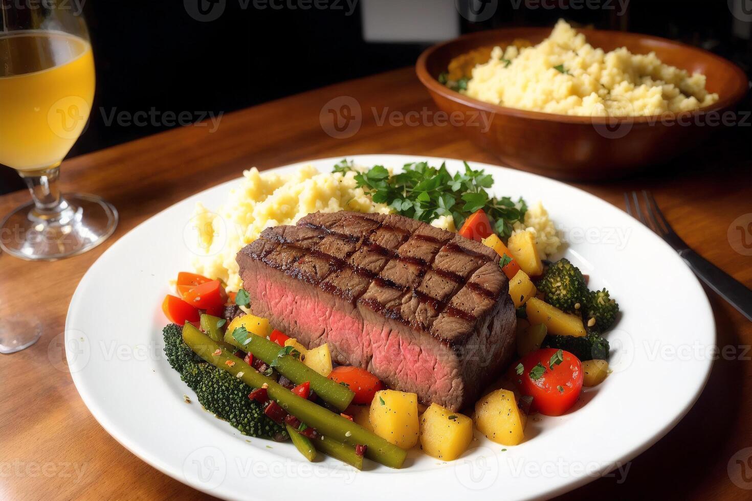 Beef steak with potatoes and vegetables on a white plate. Restaurant. photo