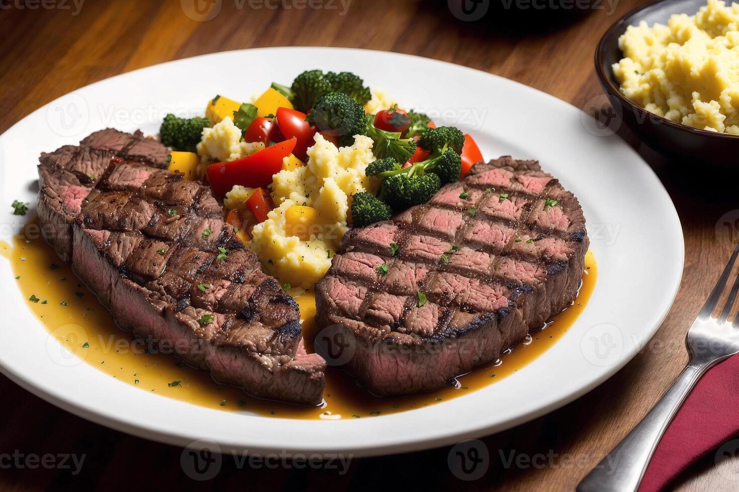 Beef steak with potatoes and vegetables on a white plate. Restaurant. photo