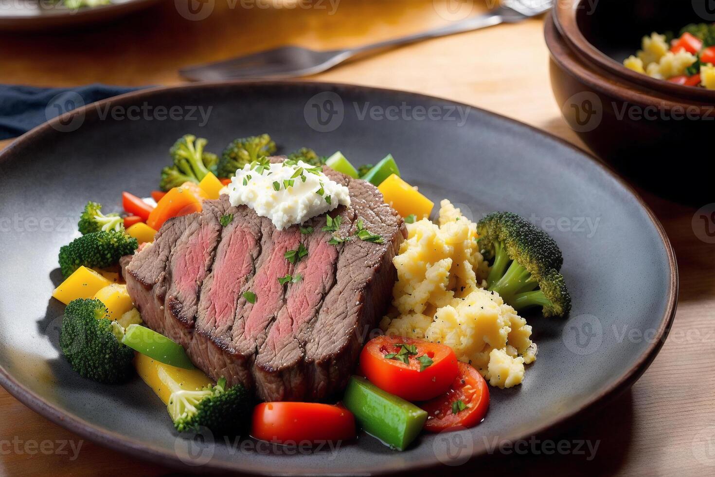 Beef steak with potatoes and vegetables on a white plate. Restaurant. photo