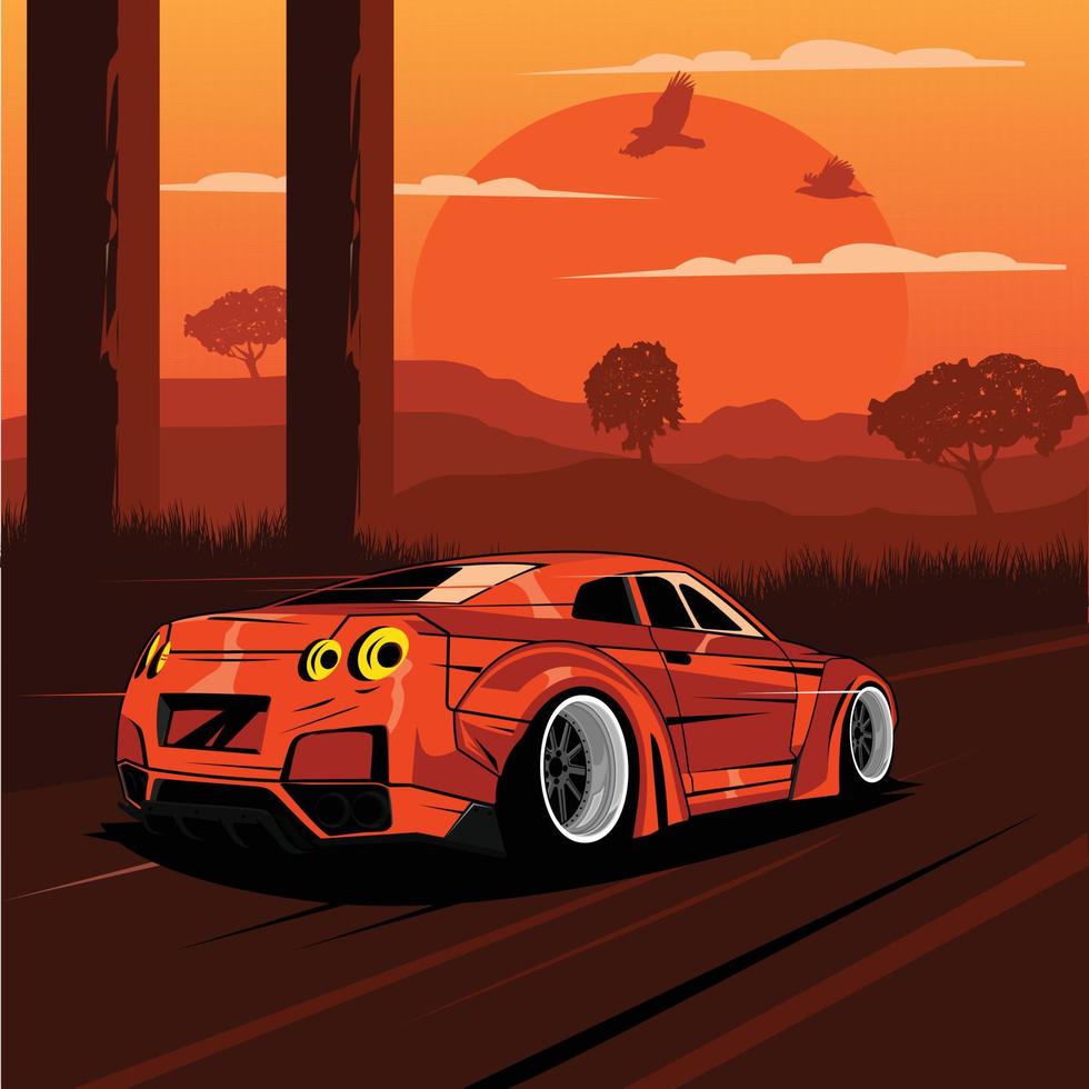 an illustration, red car and the sunset vector