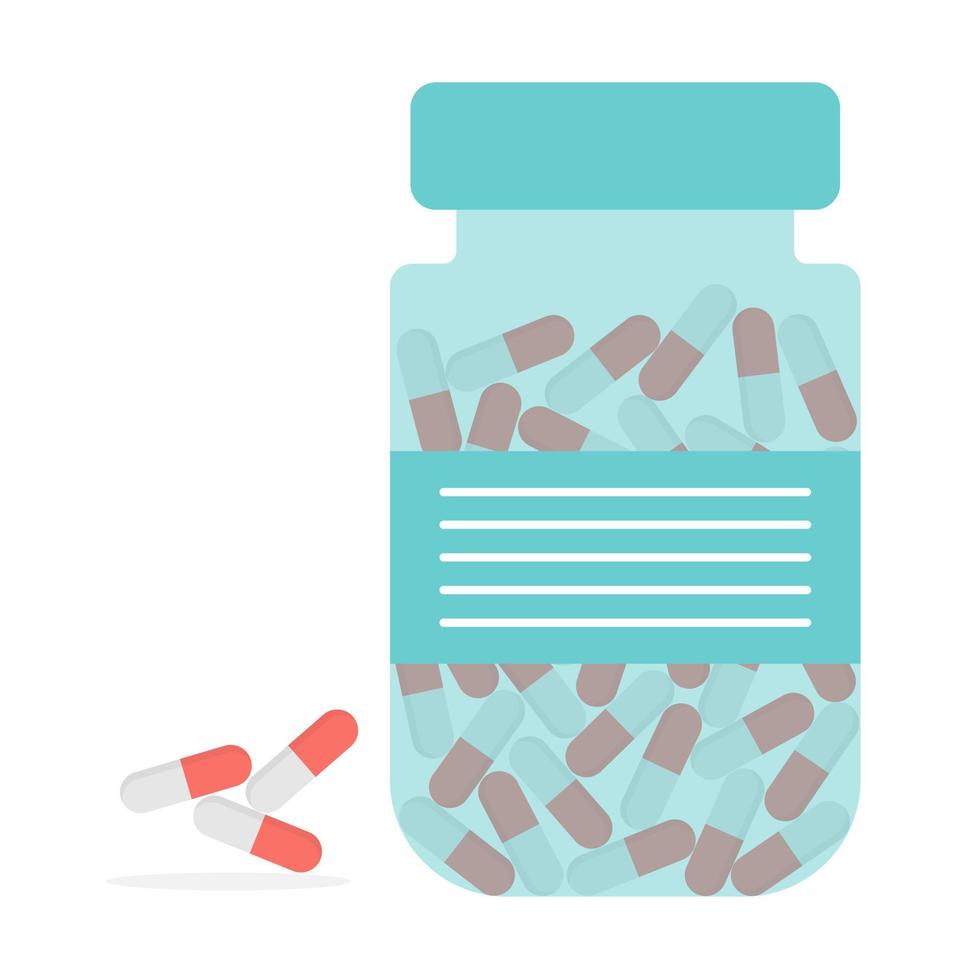 Pills with medicine bottle. Flat vector illustration.