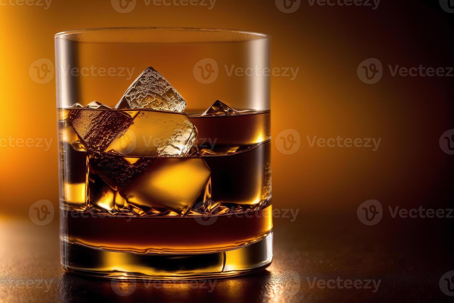 Glass of whiskey on the rocks with ice cubes on a wooden table, close-up. photo