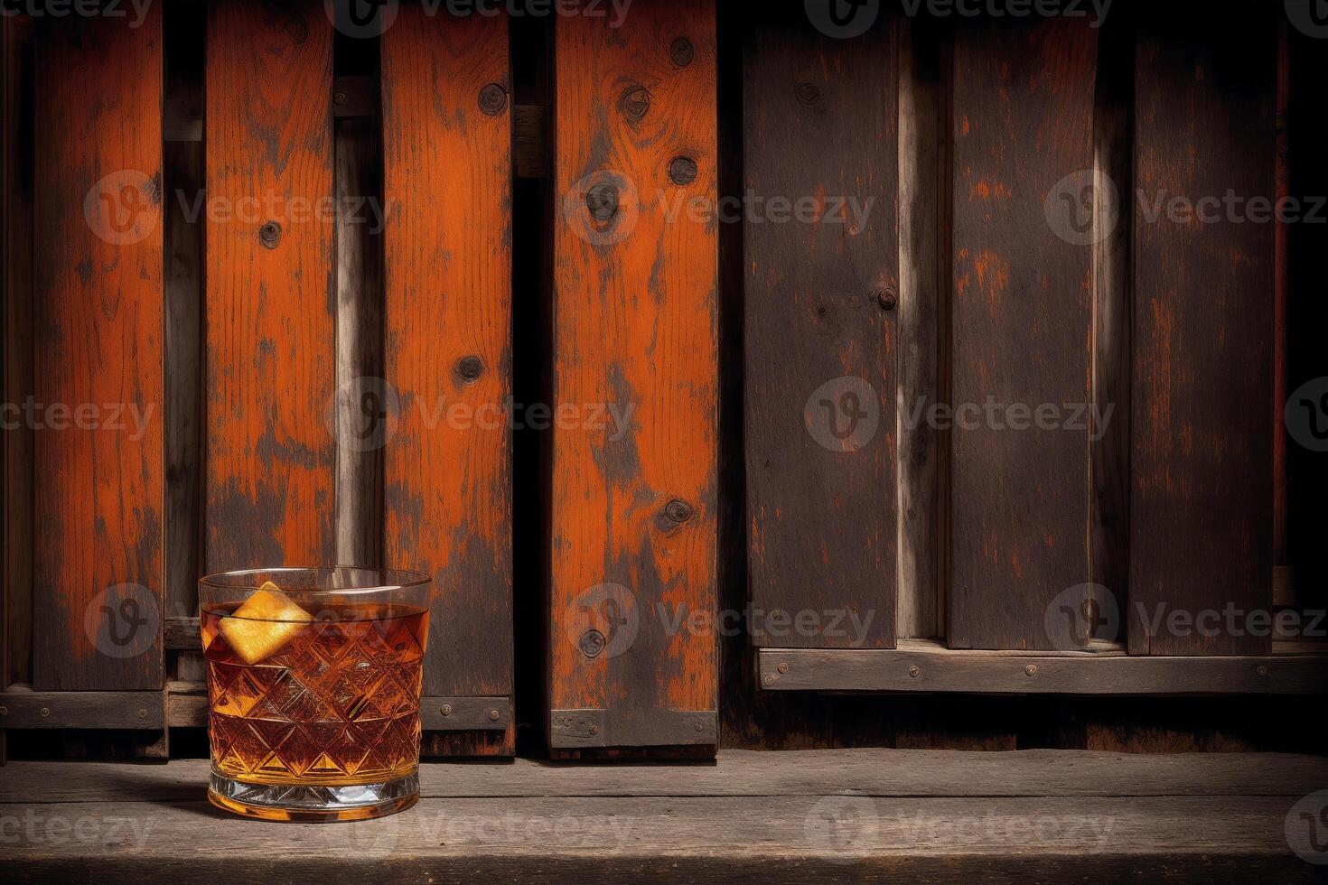 Glass of whiskey on the rocks with ice cubes on a wooden table, close-up. photo