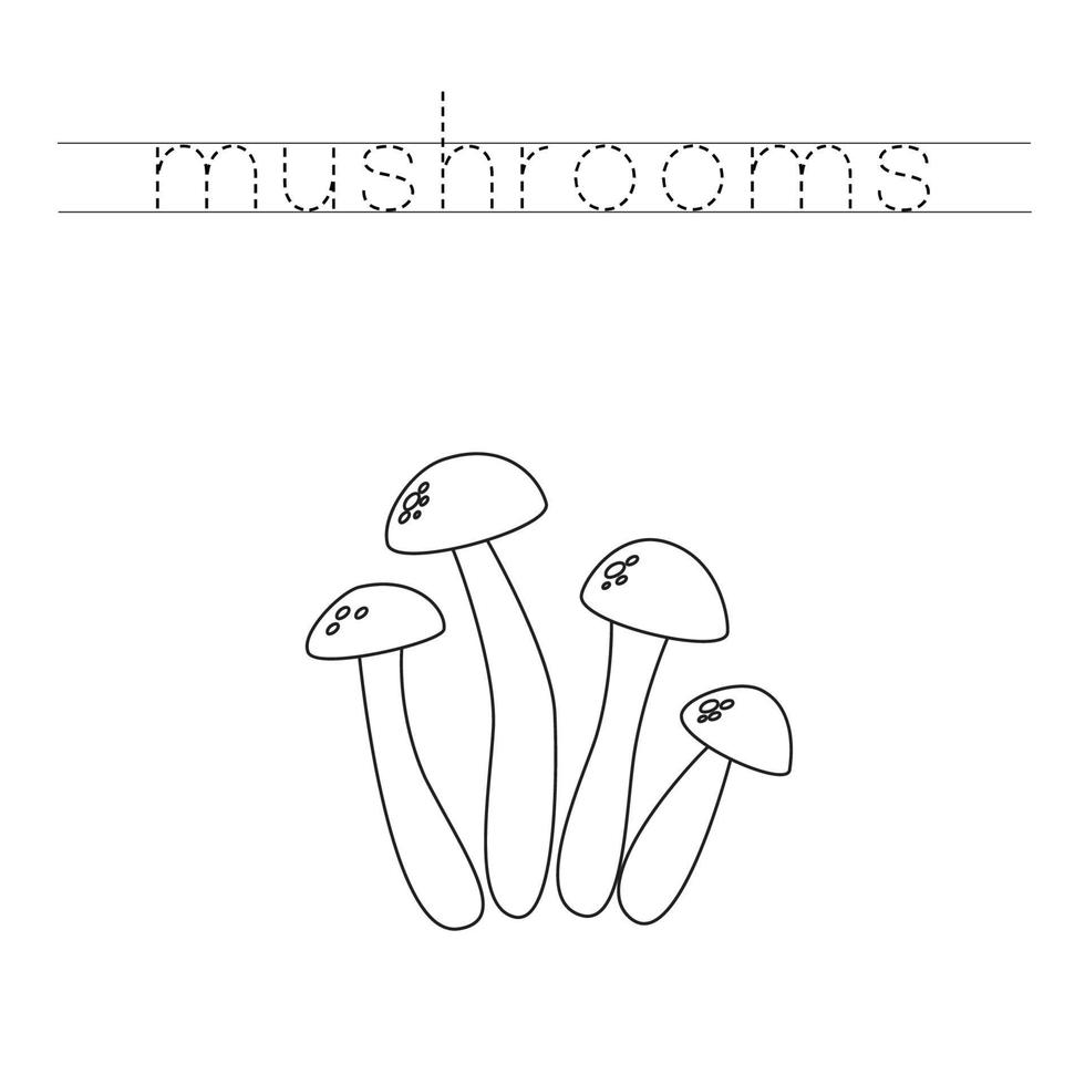 Trace the letters and color cartoon mushrooms. Handwriting practice for kids. vector