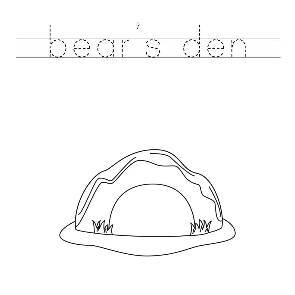 Trace the letters and color cartoon bear den. Handwriting practice for kids. vector