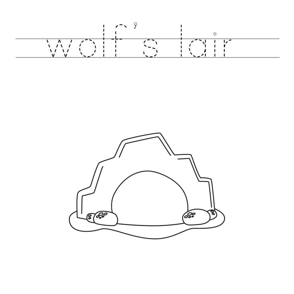 Trace the letters and color cartoon wolf lair. Handwriting practice for kids. vector