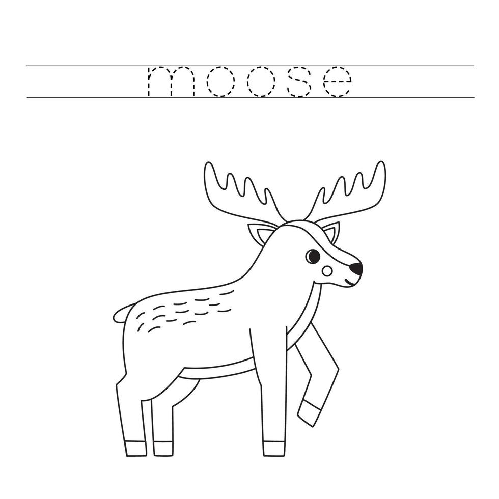 Trace the letters and color cartoon moose. Handwriting practice for kids. vector