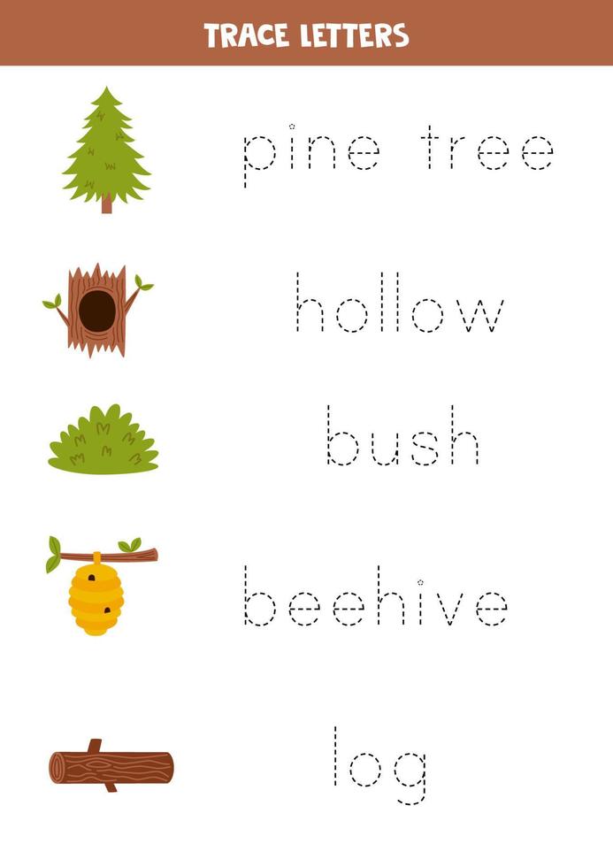 Tracing letters with cute woodland elements. Writing practice. vector