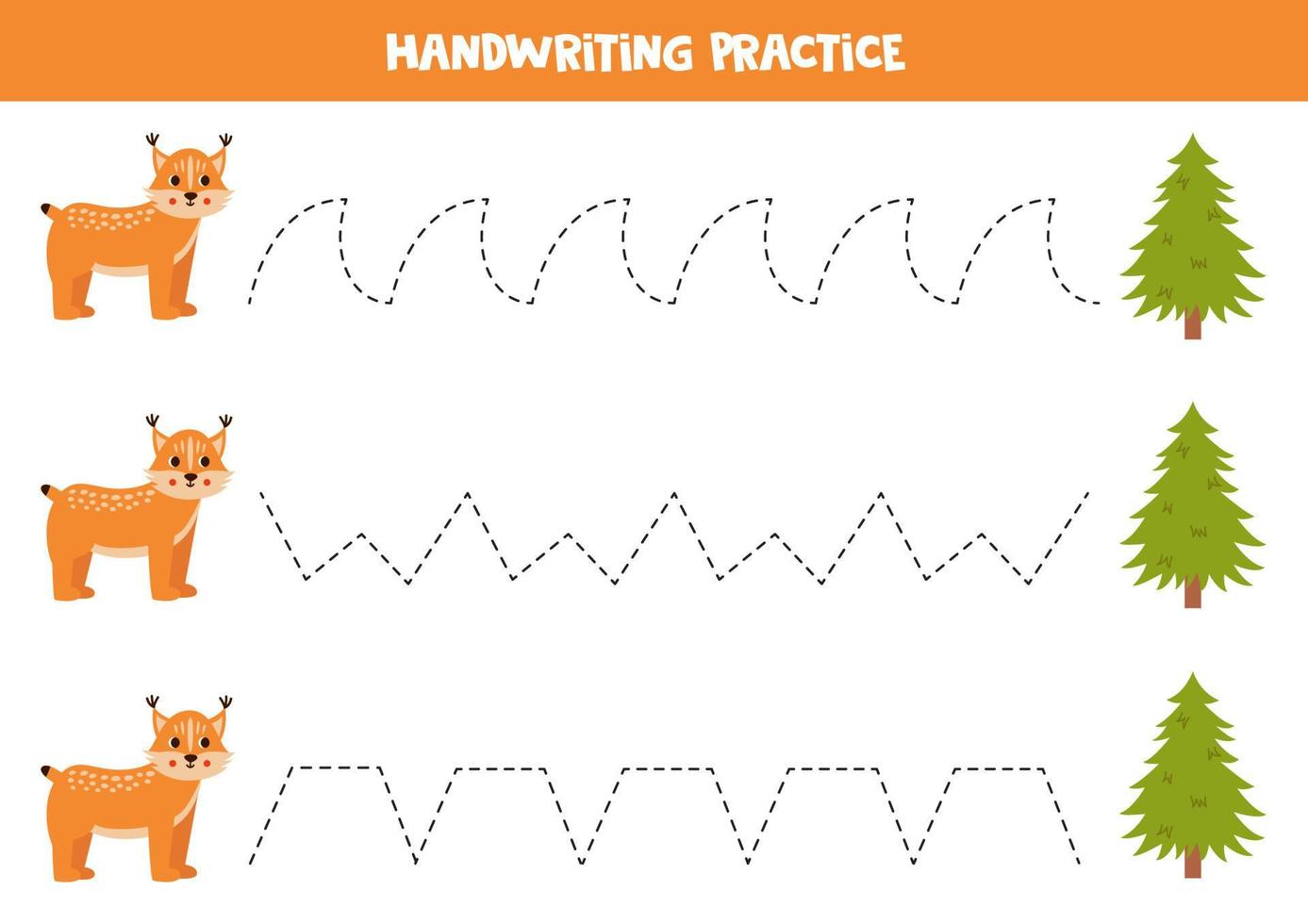 Tracing lines for kids. Cartoon cute lynx and fir tree. vector