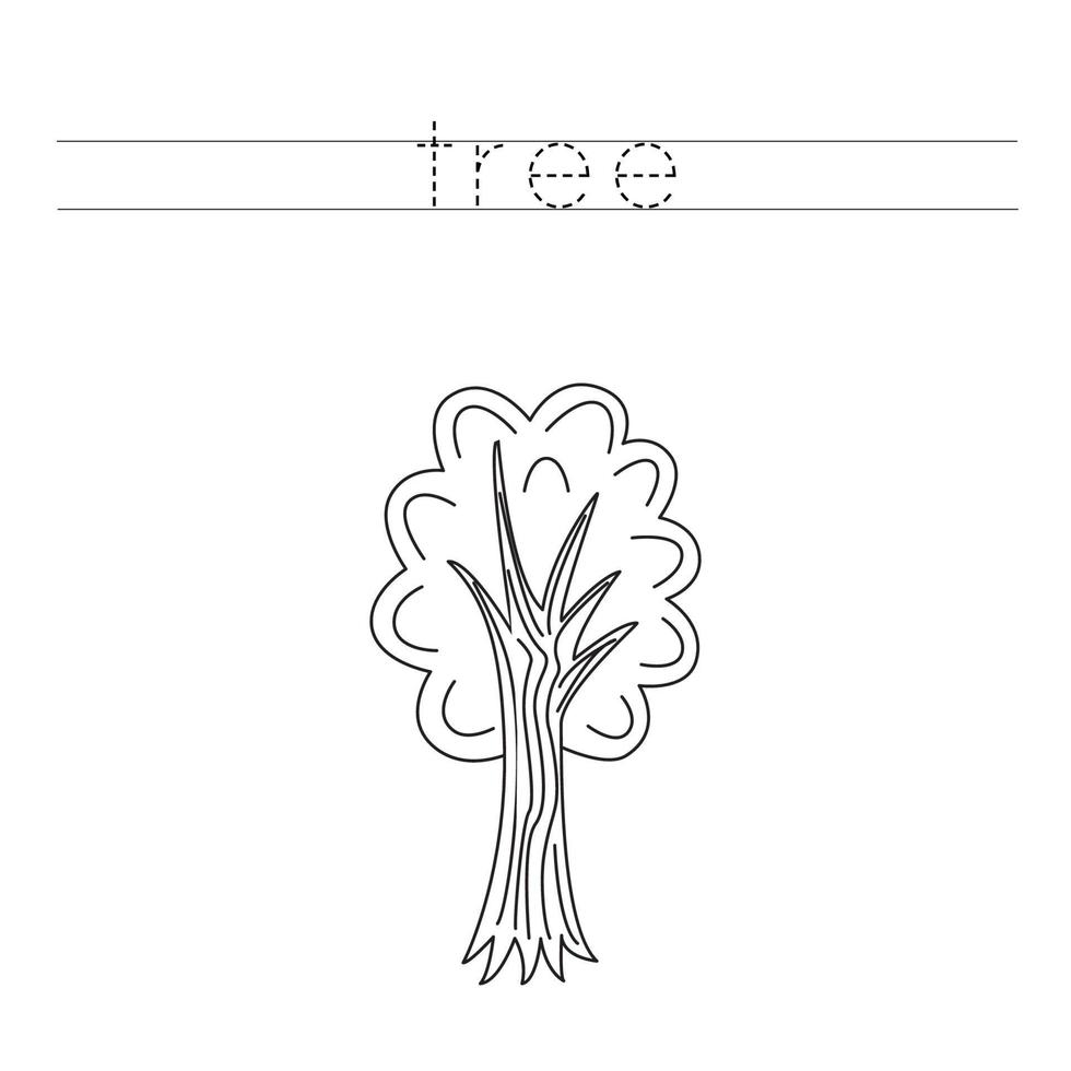 traza las letras y colorea el árbol de dibujos animados. práctica de escritura a mano para niños. vector