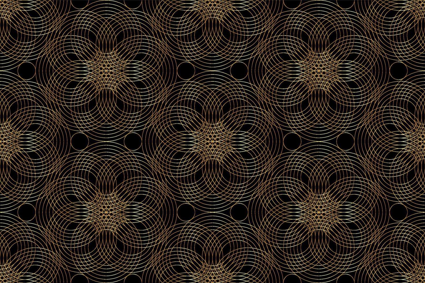 Seamless gold Pattern Design mandala of Sacred Geometry background. Luxury geometric arabesque, Textile Oriental ornament. Abstract flowers symbol, vector texture for web and print isolated on black