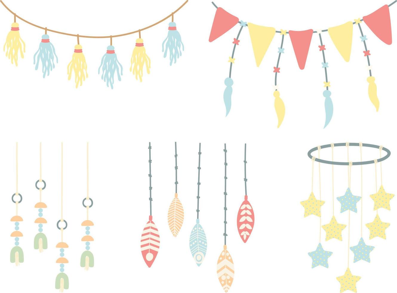Set of hand drawn dreamcatchers with feathers and hearts. Vector illustration