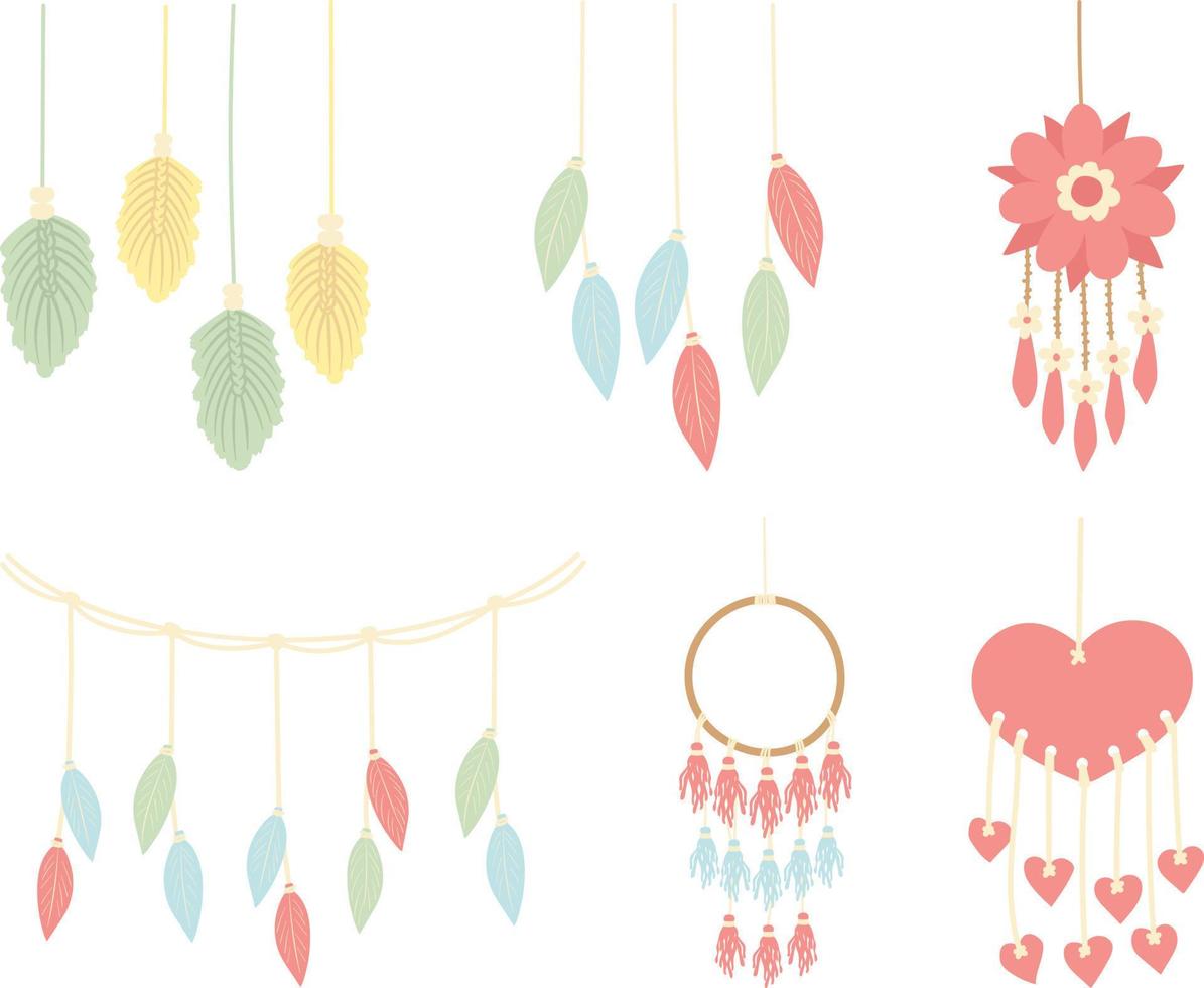 Set of hand drawn dreamcatchers with feathers and hearts. Vector illustration