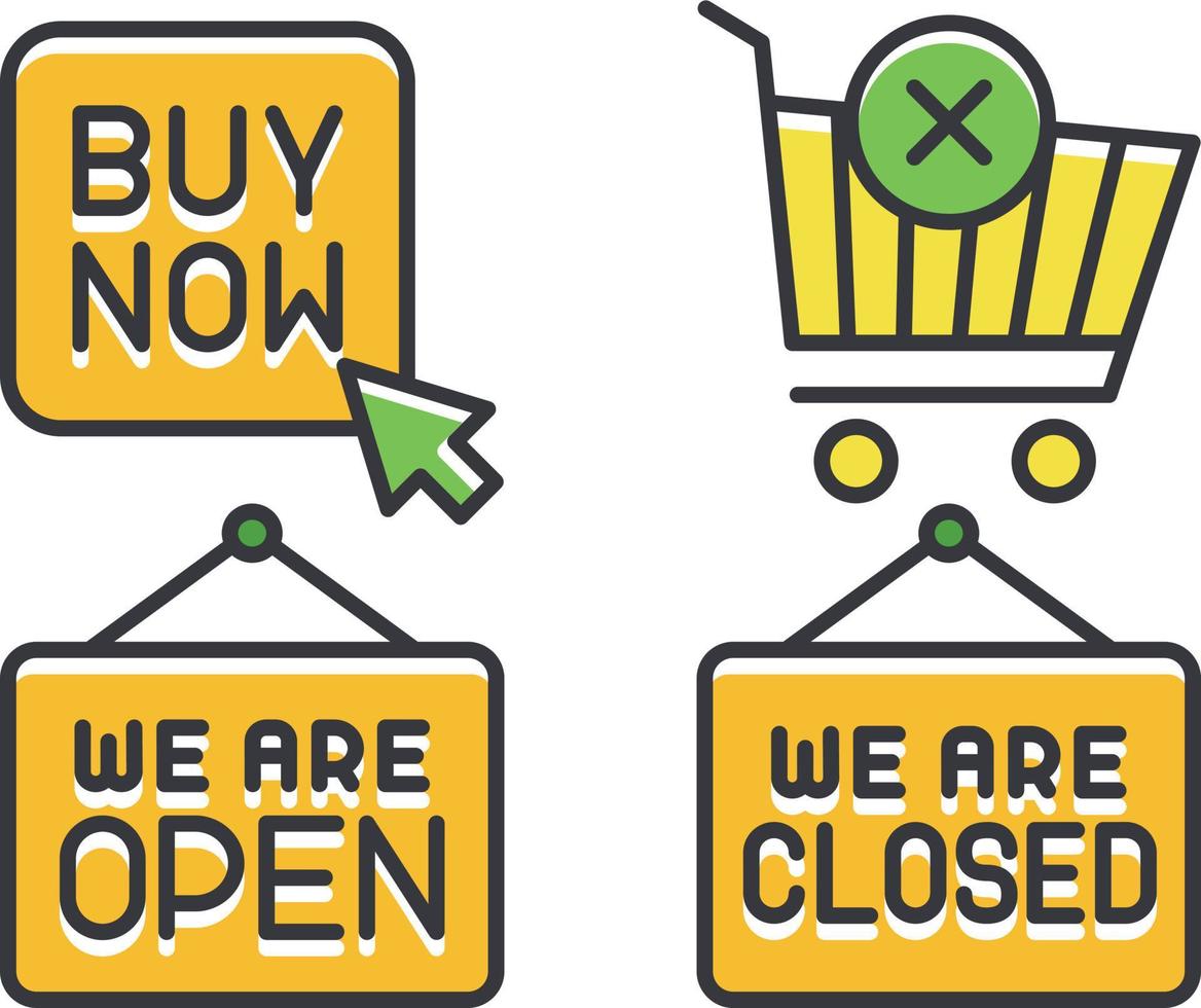 Buy Now or Open sign with shopping cart and cursor. Vector illustration