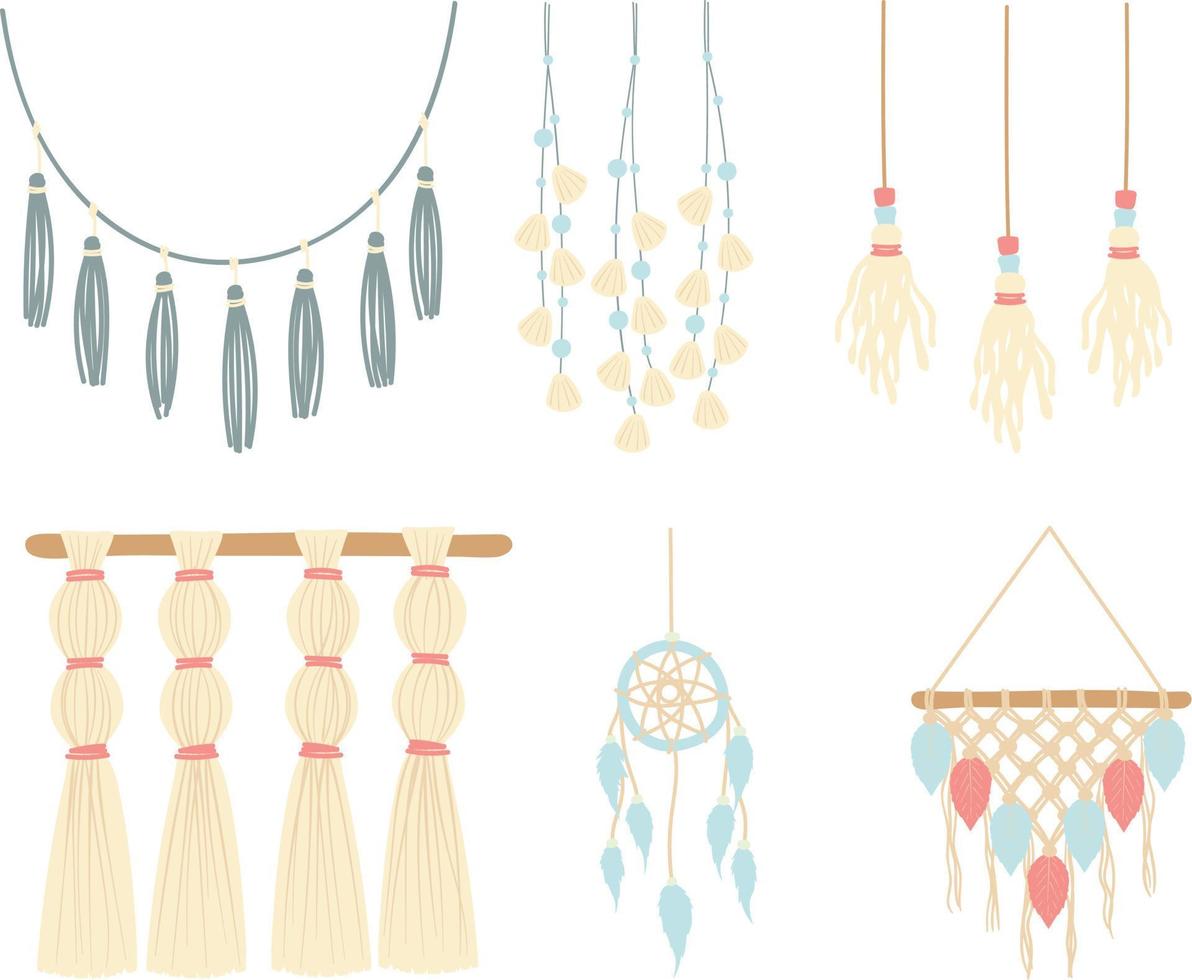 Set of hand drawn dreamcatchers with feathers and hearts. Vector illustration