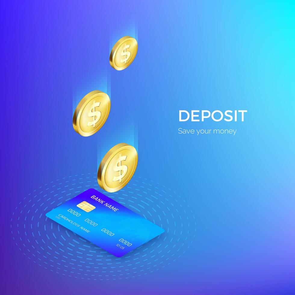 Coin drops into credit card isometric banner. Banking or payment service. Deposit replenishment and saving money. Vector illustration in blue color