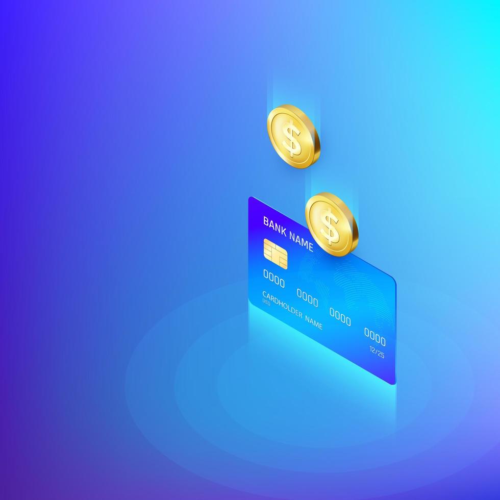 Coin drops into credit card isometric banner. Banking or payment service. Deposit replenishment and saving money. Vector illustration