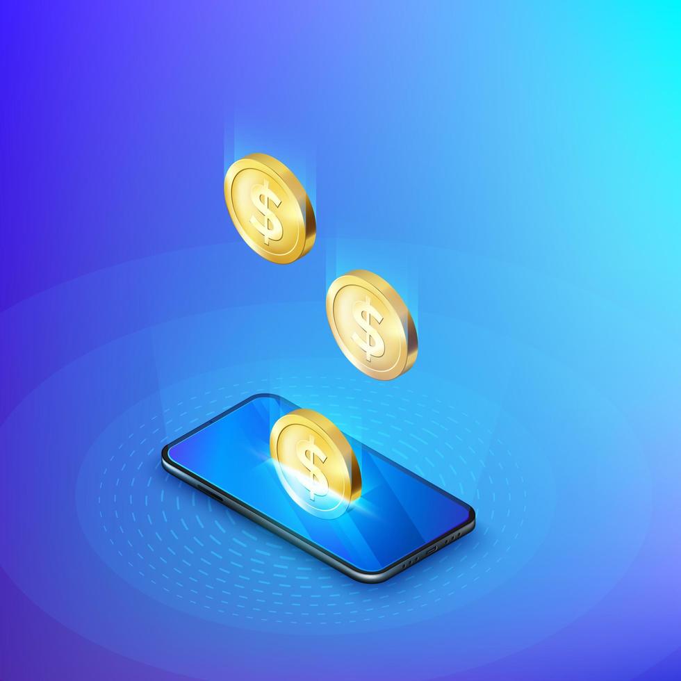 Coin drops into mobile phone isometric banner. Online banking or payment service. Deposit replenishment and saving money. Vector illustration