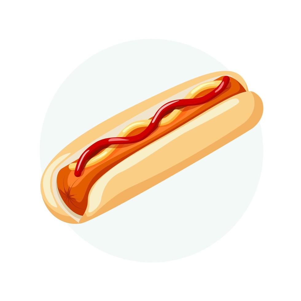 Hot Dog with bread sausage ketchup and mustard. Cartoon fast food banner. Vector illustration