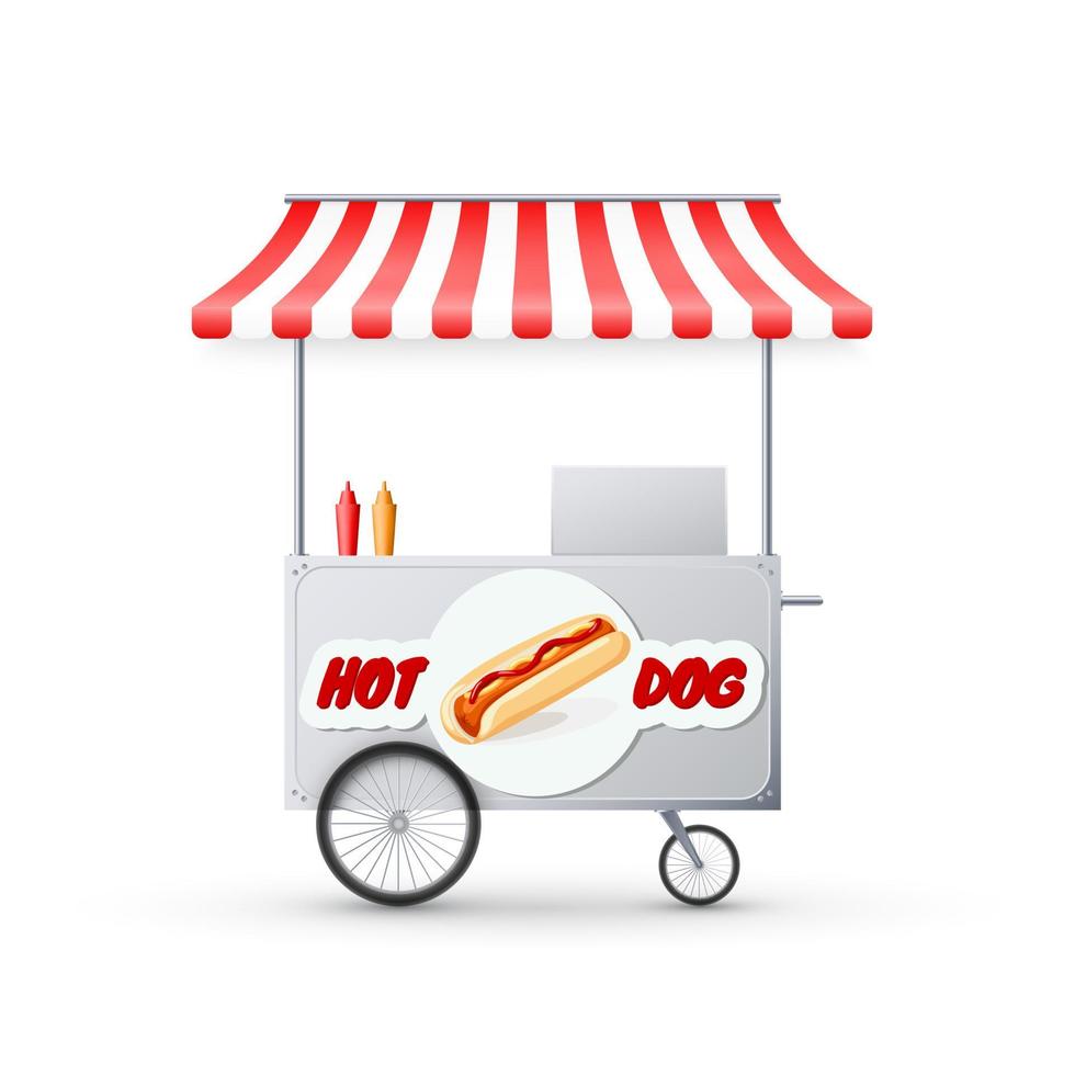 Hot Dog Cart with awning. Mobile street fast food market. Shop on wheels. Vector illustration