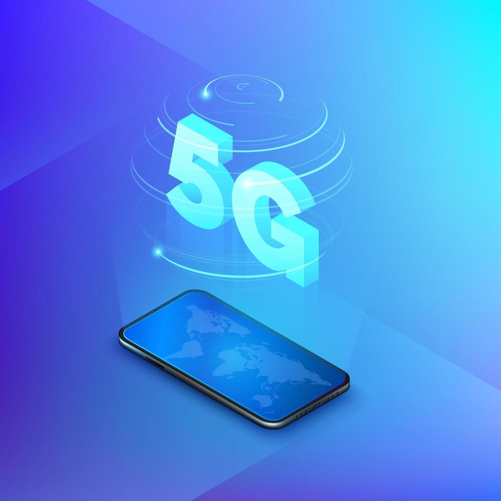 5g fast mobile networks. Mobile phone with global map on screen and hologram of web connection wireless networks with isometric text 5G inside. Technology background. Vector illustration