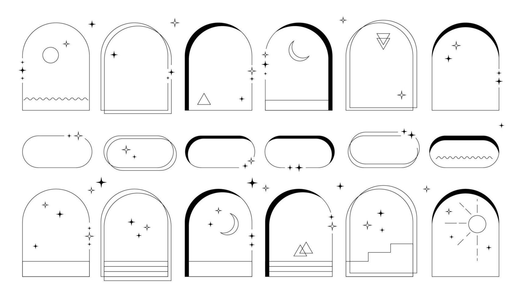 Set of vector y2k frames, architectural arcs, abstraction windows with moon and stars.