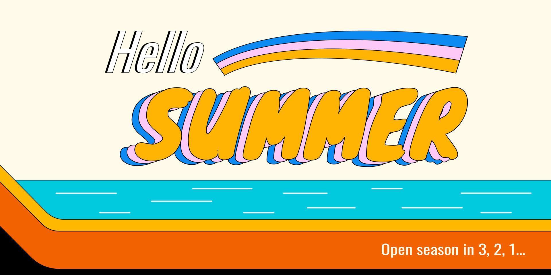 Summer seasonal vector horizontal banner in a retro 1970s groovy style with ocean beach and stylized text.