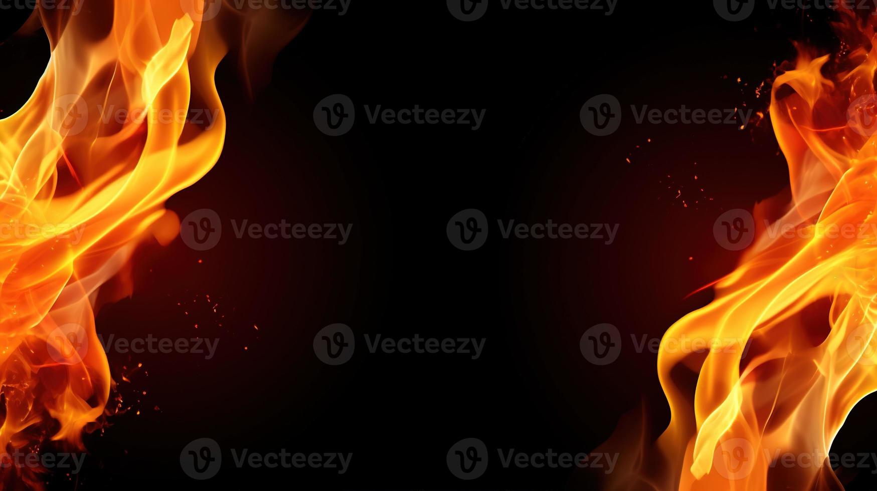 Fire flames on black background. Closeup of fire flames isolated on black background. photo