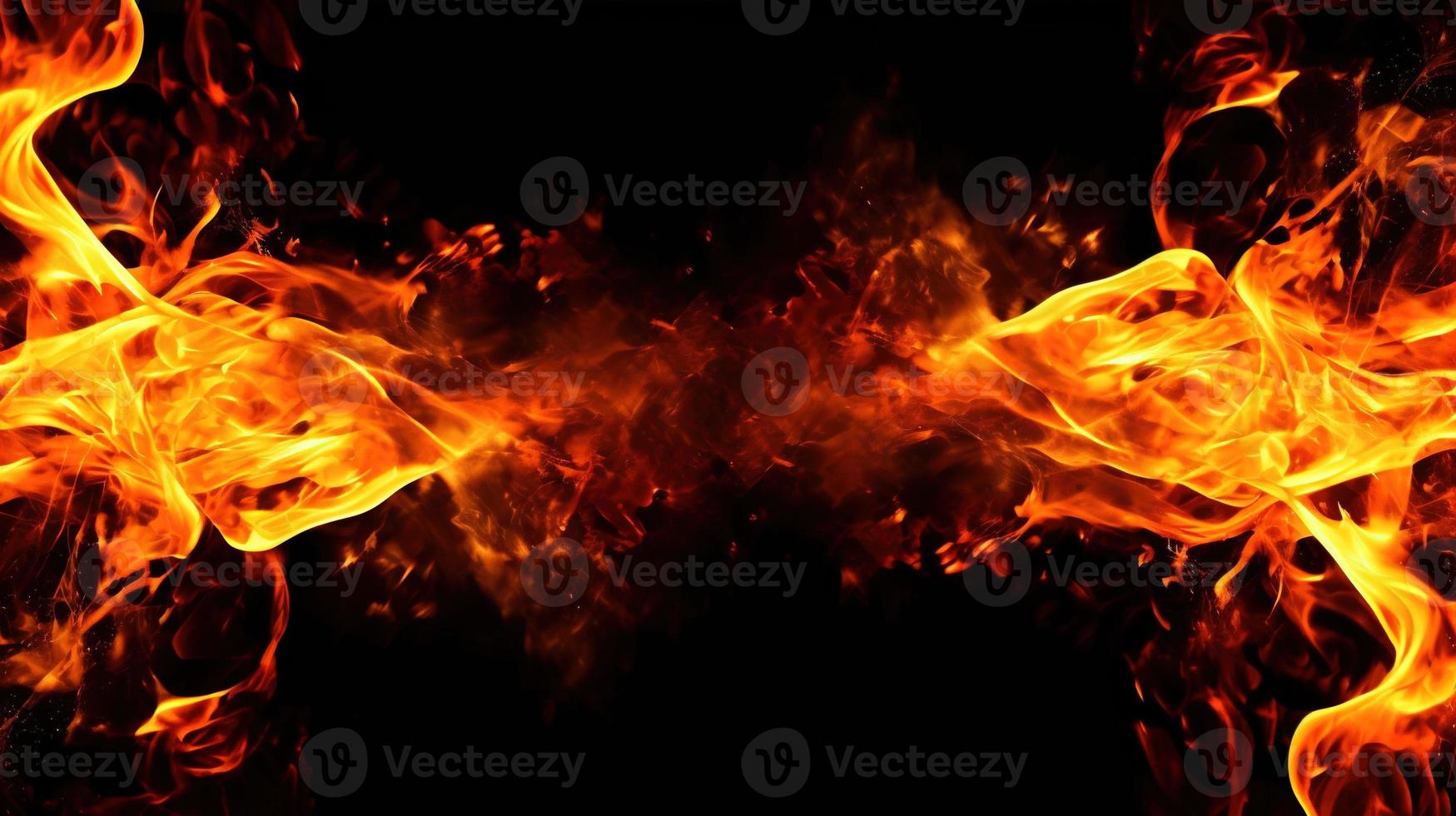 Fire flames on black background. Closeup of fire flames isolated on black background. photo