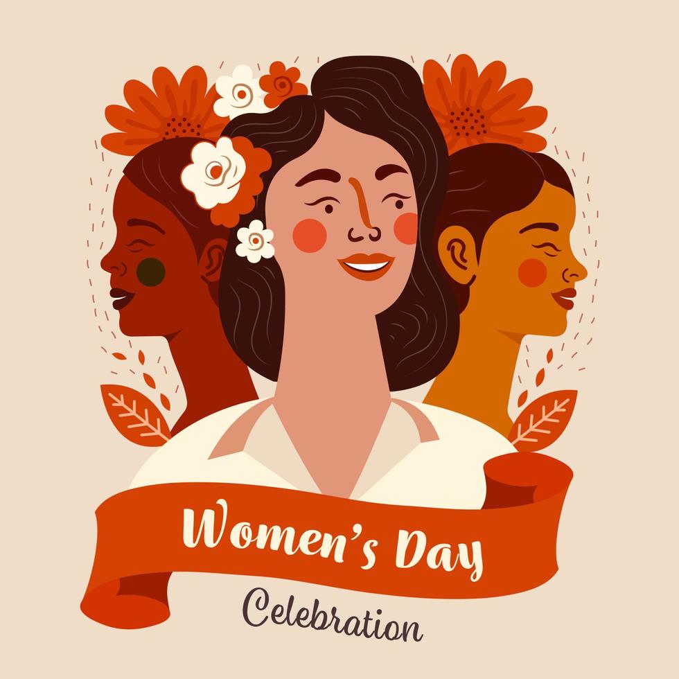 Women's Day Celebration Concept With Cheerful Young Women Characters On Beige Background. vector