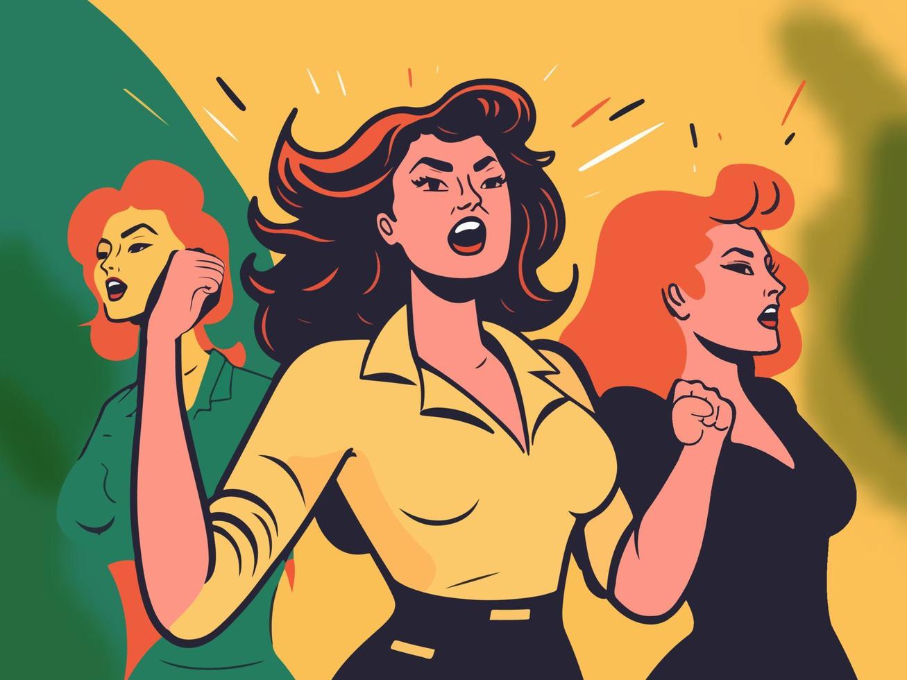 Fashionable Young Women Characters Screaming On Chrome Yellow And Green Background. Happy Women's Day Concept. vector